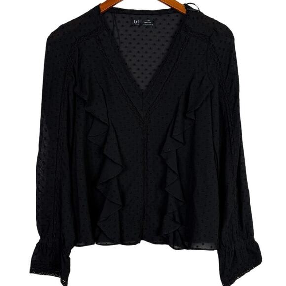 Zara Swiss Dotted Ruffle Detail Semi Sheer Long Sleeve V Neck Blouse XS Black - Picture 12 of 15